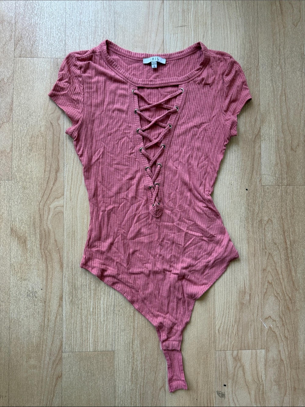 iris Rose-Pink Ribbed Lace-Up Short Sleeve Bodysuit